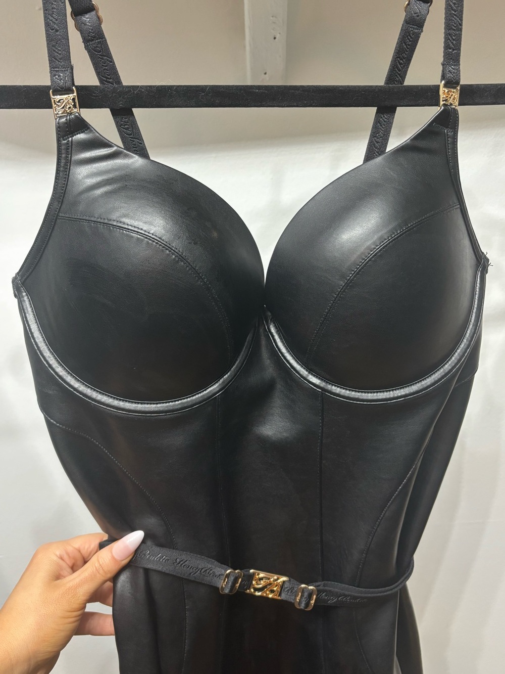 Honey Birdette Black Faux Leather Midi Dress with Gold Zipper - Picture 4 of 8